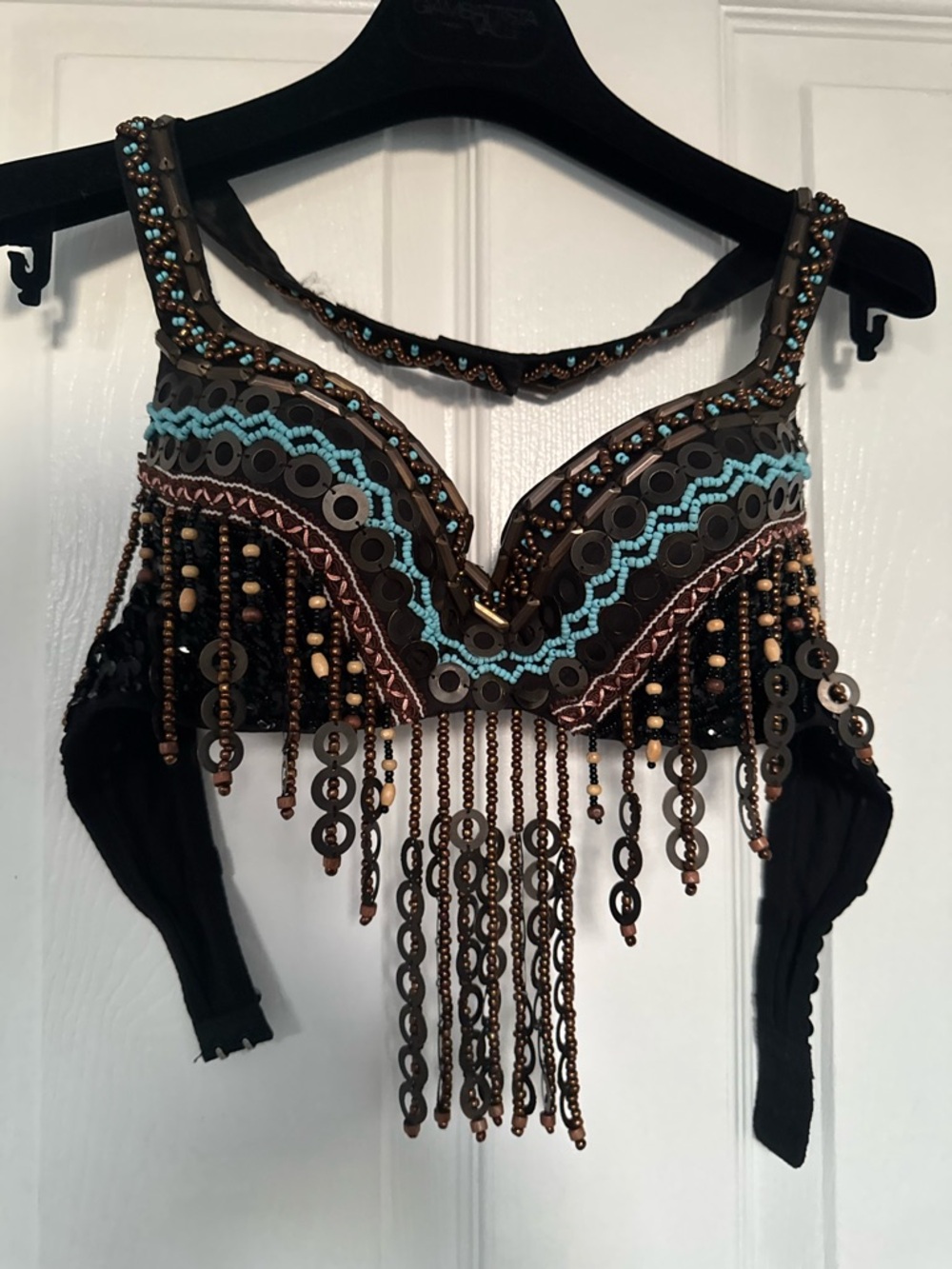 Beaded Fringe Bra Top — Black Brown with Turquoise Accents